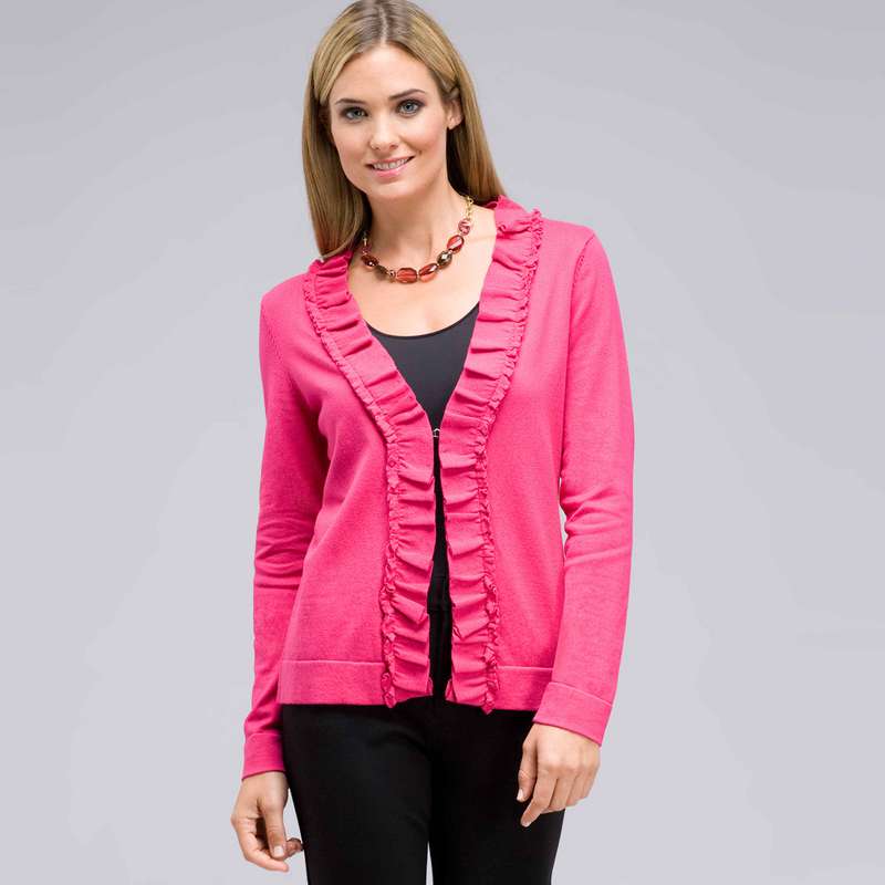 Long Sleeve Ruffle Front Cardigan, Begonia Pink, large image number 0