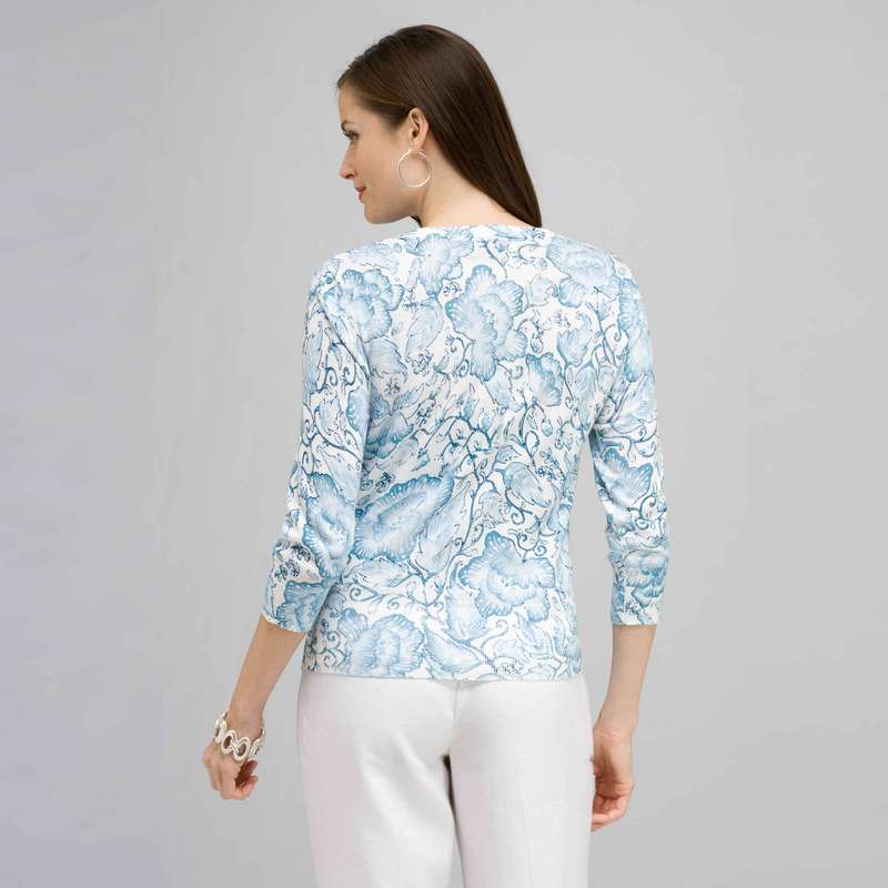 3/4 Sleeve Button Front Crew Neck Cardigan., Multi, large image number 1